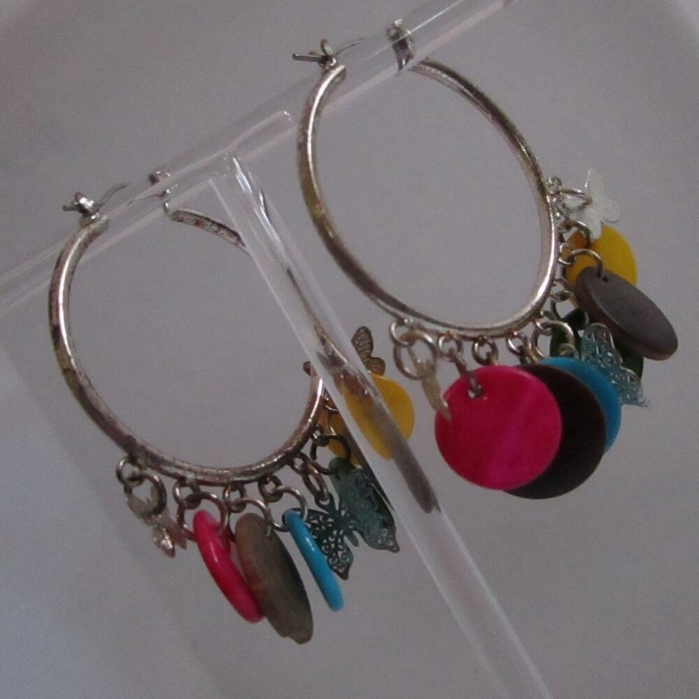 Colorful Boho Hoop Earrings with Butterfly Charms Mixed Disc Dangles 2in - Picture 9 of 17